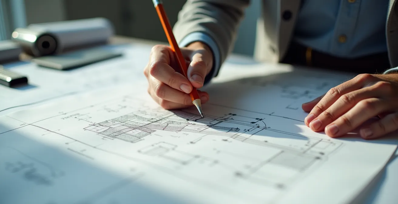 Mains d'architecte travaillant sur des plans de structures métalliques mixtes