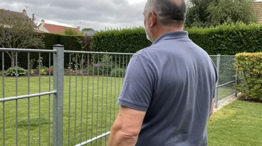 Propriétaire inspectant sa clôture rigide dans un jardin résidentiel français