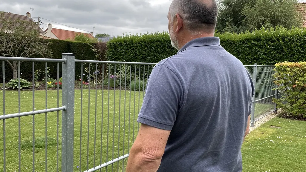 Propriétaire inspectant sa clôture rigide dans un jardin résidentiel français