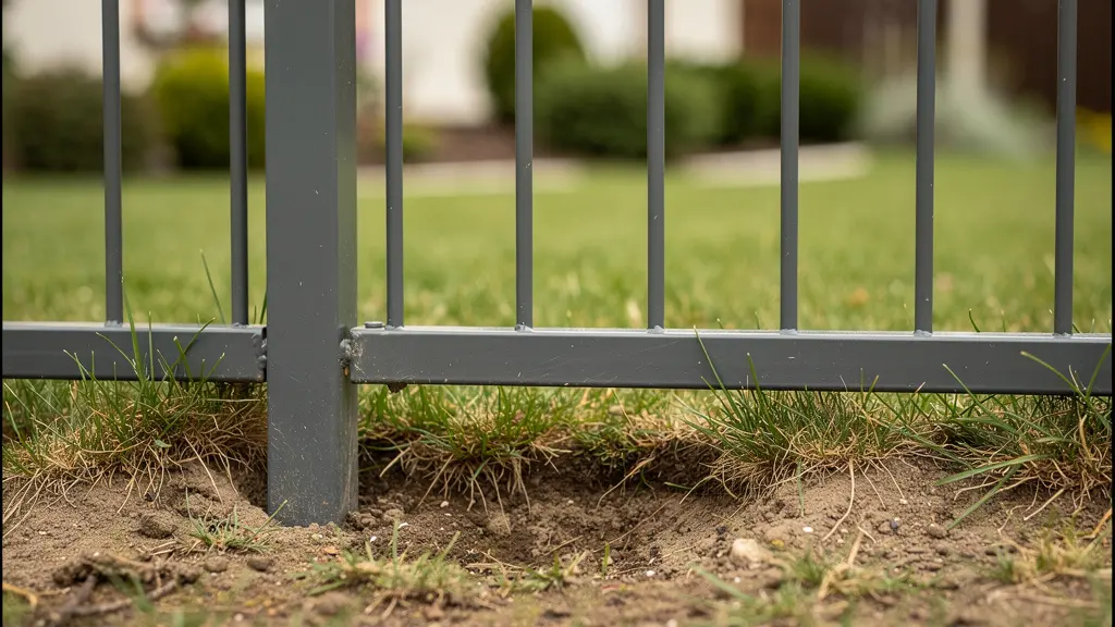 Vue de l'espace entre le sol et le bas d'un panneau de clôture rigide