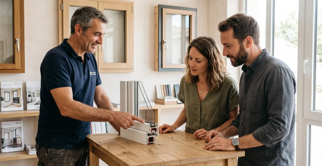 Artisan menuisier conseillant un couple sur le choix d'un dormant de fenêtre, montrant un échantillon PVC sur table dans showroom menuiserie, interaction professionnelle attentive