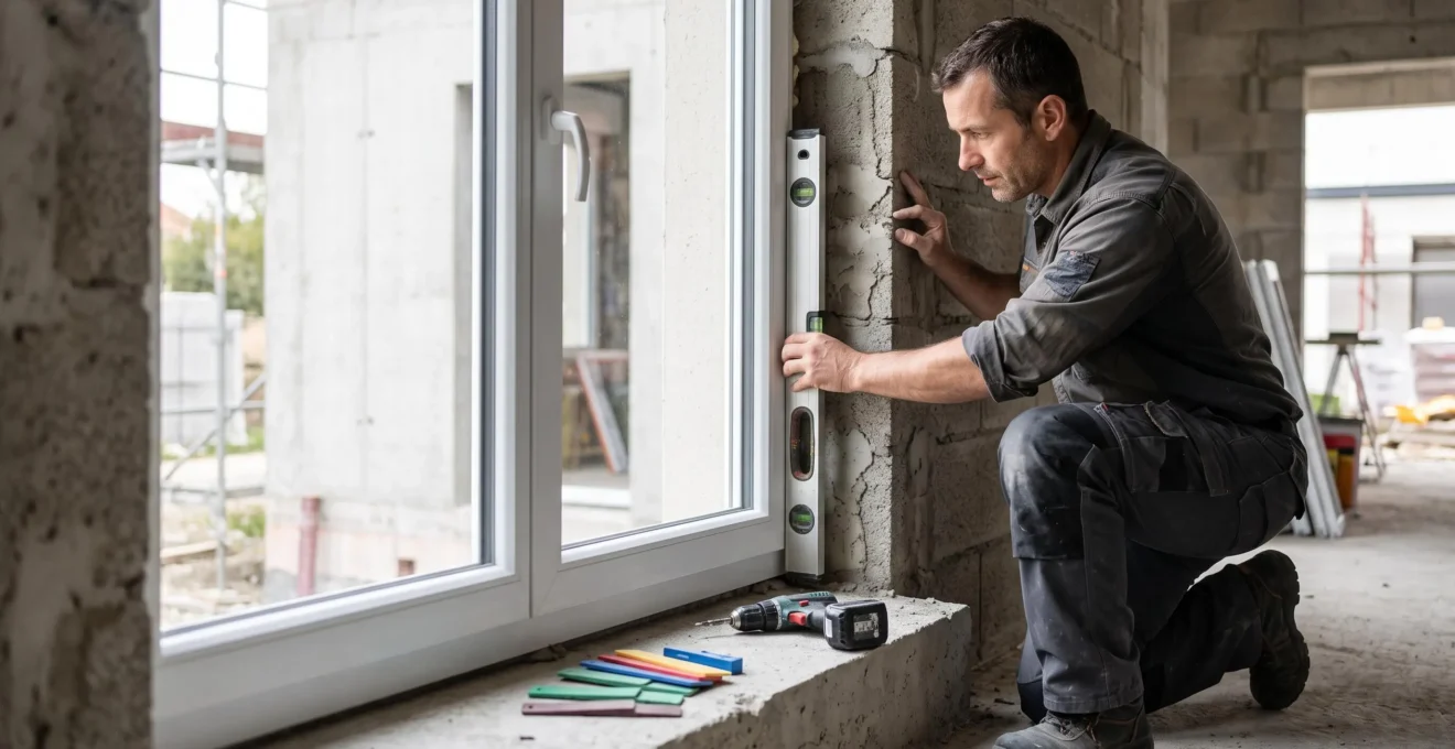 Artisan menuisier vérifiant l'aplomb d'une fenêtre PVC blanche lors de sa pose dans une ouverture de mur en parpaing, niveau à bulle en main, chantier construction neuve