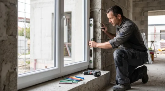 Artisan menuisier vérifiant l'aplomb d'une fenêtre PVC blanche lors de sa pose dans une ouverture de mur en parpaing, niveau à bulle en main, chantier construction neuve