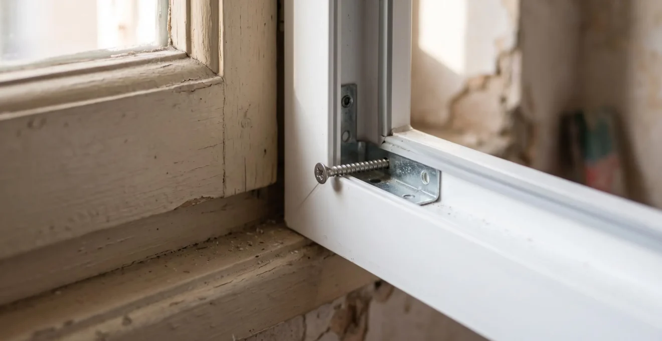 Détail technique d'une pose en rénovation : nouveau dormant PVC blanc fixé par vis traversante sur ancien dormant bois peint conservé, avec équerre de renfort visible